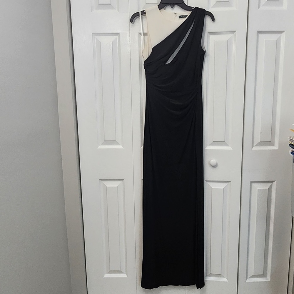 Lauren Ralph Lauren Black and White Color Block Long Jersey Evening Gown